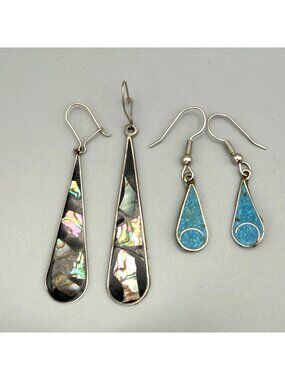 Alpaca Mexican Abalone Teardrop Inlay Dangle Earrings Sterling Silver Multicolor
